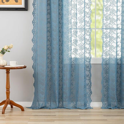 YJ YANJUN Vintage Lace Curtains 84 Inch Length-Dusty Blue Floral Sheer Curtains for Bedroom Living Room Hallway Doorways 2 Panels Set Beach Coastal Decor Rod Pocket W52 X L84 inch Stone Blue 7 Ft