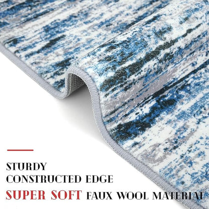 Lansny Modern Abstract Runner Rug 2.6x16, Grey Blue White Washable Long Kitchen Runner Non-Slip Soft Hallway Rug Runner Thin Print Faux Wool Carpet for Entryway Bedroom Laundry Room Indoor Home Decor