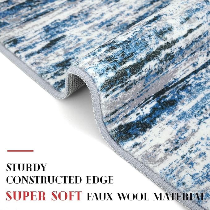 Lansny Modern Abstract Entryway Rug Indoor 2x3 Washable Rug Non-Slip Soft Small Area Rug Grey Blue White Kitchen Mats Thin Print Faux Wool Floor Carpet Throw Rugs for Entrance Bedroom Home Decor