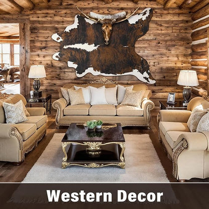 AROGAN Western Decor Faux Fur Cowhide Rug, 5.2x6.3 Feet Premium Animal Skin Cow Hide Rug, Sturdy Cow Print Rugs for Wall Decor, Western Floor Carpet for Bedroom Living Room, Black and Brown