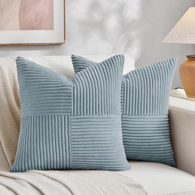 Fancy Homi Set of 2 Light Blue Samll Decorative Throw Pillow Covers 14x14 Inch with for Couch Bed Sofa, Rustic Farmhouse Boho Home Decor, Soft Cross Patchwork Corduroy Square Cushion Case 35x35 cm