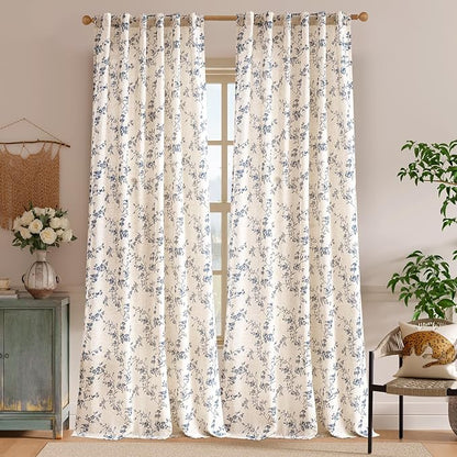 Lazzzy Farmhouse Linen Curtains Extra Long Blue Floral Curtains 108 Inch Long Back Tab Drapes for Living Room Bedroom Light Filtering Country Vintage Rod Pocket, 2 Panels, Blue on Beige