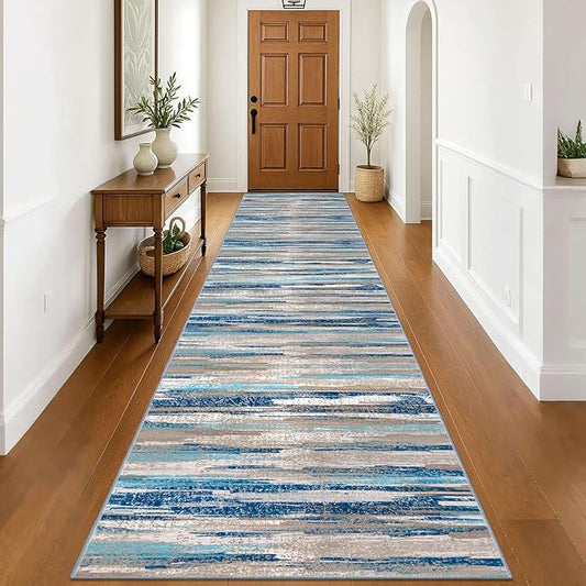 Lansny Modern Abstract Runner Rug 3x16, Blue Washable Long Kitchen Runner Non-Slip Soft Hallway Rug Runner Ultra Thin Print Faux Wool Carpet for Entryway Bedroom Laundry Room Indoor Home Decor