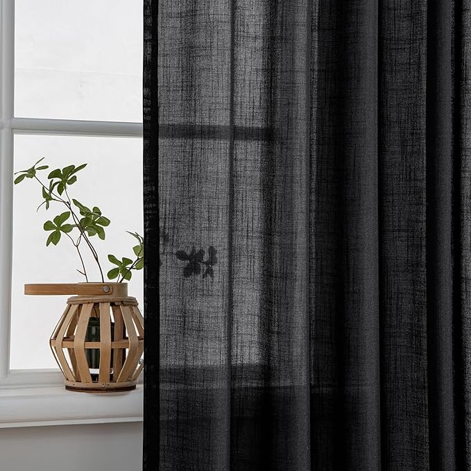 MIULEE Black Linen Curtains 90 Inch Length 2 Panels for Bedroom Living Room, Soft Thick Linen Textured Back Tab Window Drapes Semi Sheer Light Filtering Rod Pocket Modern Farmhouse Halloween Decor