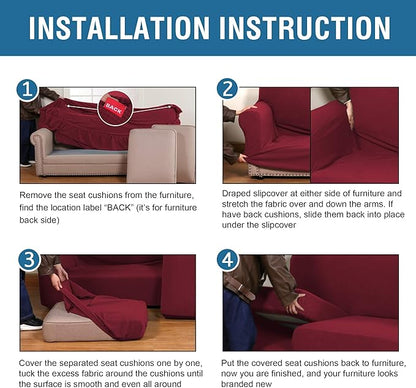H.VERSAILTEX 4 Piece Stretch Sofa Covers for 3 Cushion Couch Covers for Living Room Furniture Slipcovers (Base Cover Plus 3 Seat Cushion Covers) Upgraded Thicker Jacquard Fabric (XL Sofa, Burgundy)