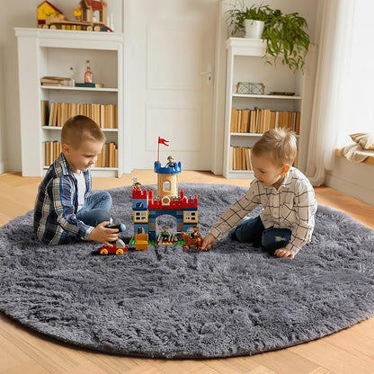ONASAR Grey Round Rugs 7ft for Living Room, Fluffy Bedroom Circle Area Rug, Soft Plush Shaggy Carpet for Kids Girls Boys Teen Nursery Dorm Classroom Playroom Home Decor Aesthetic