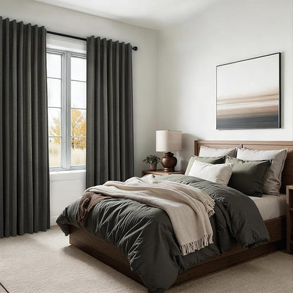 Topfinel 105 Inch Long Linen Blackout Curtains for Bedroom 2 Panels Set Modern Natural Linen Back Tab Pleated Floor to Ceiling Thermal Drapes Hooks Rings 105 in Window Drapes 100% Black Out Dark Gray