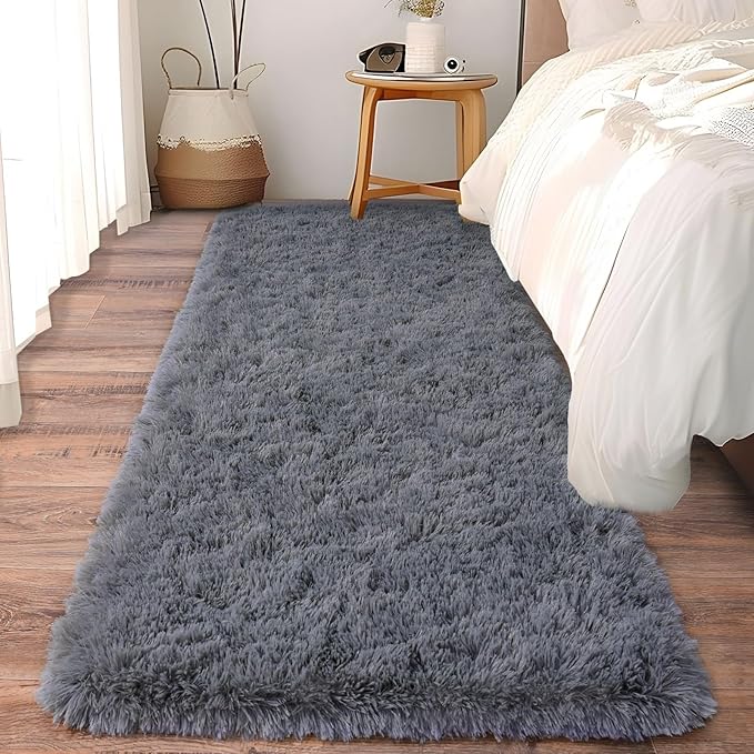 Ultra Soft Runner Rugs for Bedroom Hallways with Upgraded Non-Slip Rubber Backing & Thick Memory Sponge, 2 Packs 2x6 Feet Fluffy Shag Throw Area Rug for Bedside Dorm Dark Grey