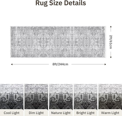 Washable 2x8 Runner Rug - Non Slip Vintage Kitchen Runner Rugs Low-Pile Distressed Long Rugs for Hallway Waterproof Indoor Carpet for Living Room Bedroom Entryway 2'x8' Grey
