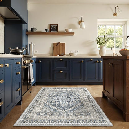 4x6 Area Rugs for Living Room, Non-Slip Backing Small Kids Rugs for Bedroom, Vintage Floral Rug Home Decor, Low Pile Soft Washable Rug for Kitchen, Dining Room (Blue/Beige,4'x6')