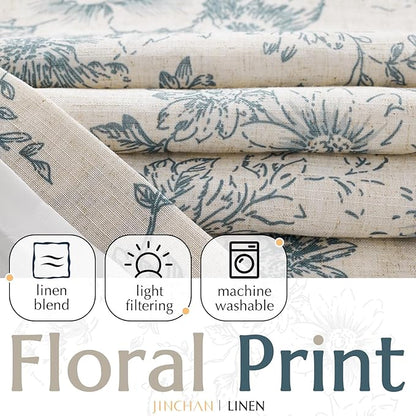 jinchan Lined Linen Blend Curtain Floral Curtains for Living Room 63 Inch Length Blue Peony Flower Printed Curtain Rod Pocket Back Tab Farmhouse Patterned Drapes Bedroom Window Curtains Set 2 Panels