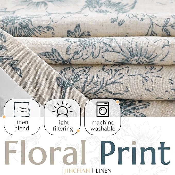 jinchan Lined Linen Blend Curtain Floral Curtains for Living Room 84 Inches Long Blue Peony Flower Printed Curtain Rod Pocket Back Tab Farmhouse Patterned Drapes Bedroom Window Curtains Set 2 Panels