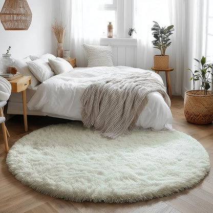 Amdrebio Ivory White Round Rug 4Ft for Kids Bedroom Aesthetic, Fluffy Fuzzy Furry Circle Area Rugs for Living Room Decor, Circular Plush Soft Shaggy Cream Carpet for Baby Nursery Dorm Teen Girls Boys