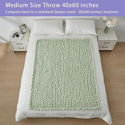 Bigacogo Chunky Knit Throw Blanket for Couch, 40x60 inches, 100% Hand Knitted with Thick Jumbo Chenille Yarn, Cozy Soft Large Rope Knot Cable Crochet Blankets for Sofa Bed Living Room, Sage Green