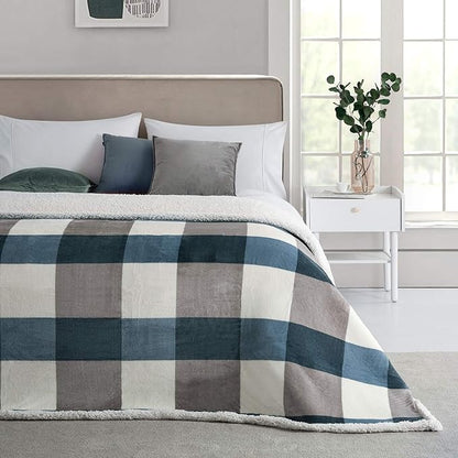 PU MEI Sherpa Fleece Throw Blanket 80" x 90" Full/Queen Reversible Plush Fluffy Extra Large Big Blanket Lattice Flannel Blankets for Sofa Couch Bed (Grey-Soft Blue, 80"*90")