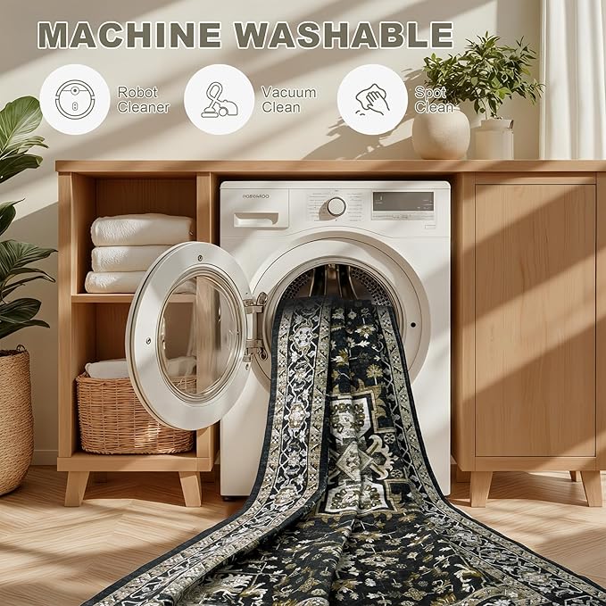 3x5 Area Rugs Living Room Rug: Washable Vintage Boho Medallion Rug No Slip Stain Resistant Soft Carpet Indoor Large Carpets for Bedroom Dining Room Farmhouse Nursery Hallway Home Office Black Gold