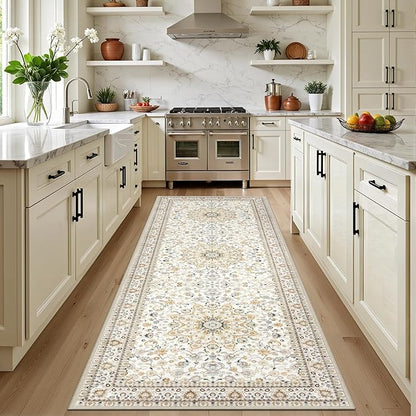 Hallway Runner Rug Non Slip - Washable 2.6x8 Kitchen Rugs for Living Room, Low-Pile Soft Bedroom Rug Indoor Floor Stain Resistant Carpets for Entryway, Laundry, Bathroom Beige