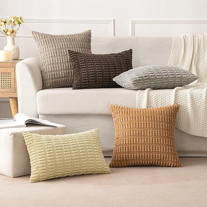 MIULEE Pack of 2 Corduroy Decorative Throw Pillow Covers 16x16 Inch Soft Boho Striped Pillow Covers Modern Farmhouse Home Decor for Sofa Living Room Couch Bed Brown