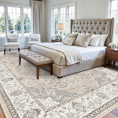 10x14 Washable Vintage Area Rug - Large Rugs for Living Room Soft Stain Resistant Carpet with Non-Slip Backing Low Pile Water Resistant Rug for King Size Bed Pet Friendly Home Decor Mat(10x14 Beige)