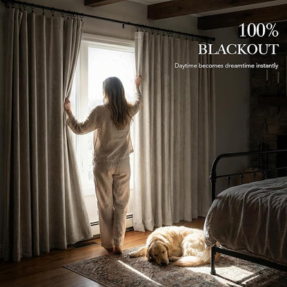 RYB HOME Warm Sand 100% Blackout Curtains for Bedroom, Linen Drapes Back Tab&Rod Pocket, Thermal Insulated Privacy Assurd Curtains for Sliding Glass Doors/Dining/Living Room, W52 x L108, 2 Panels
