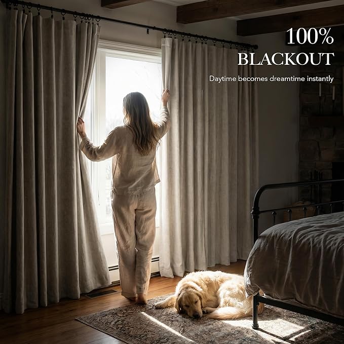 RYB HOME Warm Sand 100% Blackout Curtains for Bedroom, Linen Drapes Back Tab&Rod Pocket, Thermal Insulated Privacy Assurd Curtains for Sliding Glass Doors/Dining/Living Room, W52 x L84, 2 Panels