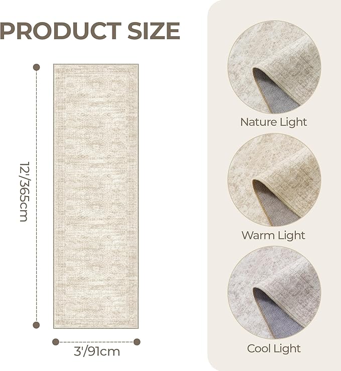 3x12 Runner Rug for Hallway, Non-Slip Long Bathroom Rugs Runner for Kitchen, Bedroom, Soft Vintage Abstract Washable Rug for Entryway, Thin Floor Mat for Dining Room(3'x12', Beige/Ivory)
