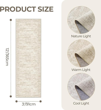 3x12 Runner Rug for Hallway, Non-Slip Long Bathroom Rugs Runner for Kitchen, Bedroom, Soft Vintage Abstract Washable Rug for Entryway, Thin Floor Mat for Dining Room(3'x12', Beige/Ivory)