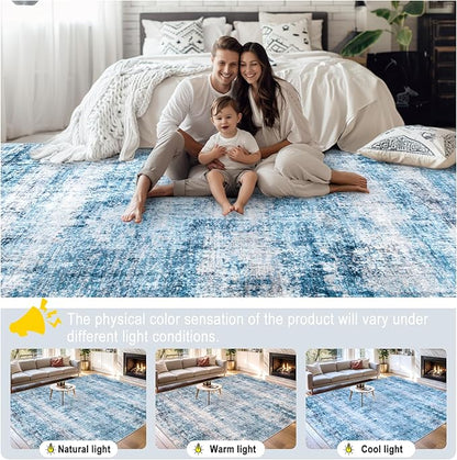 8x10 Area Rugs for Living Room - Washable Rug Modern Abstract Soft Large Neutral Non-Slip Carpet Indoor Floor Thin Carpets for Bedroom Dining Room Farmhouse Nursery Home Office Blue Grey