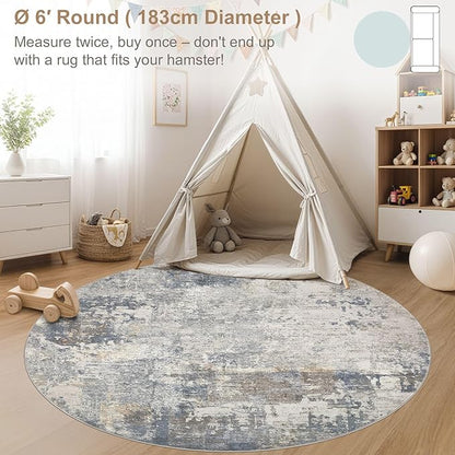 UERMEI 6ft Round Area Rug Living Room Rugs - 6x6 Washable Neutral Modern Abstract Soft Thin Rug Indoor Floor No Slip Rug Carpet for Bedroom Under Dining Table Home Office Decor - Blue Grey