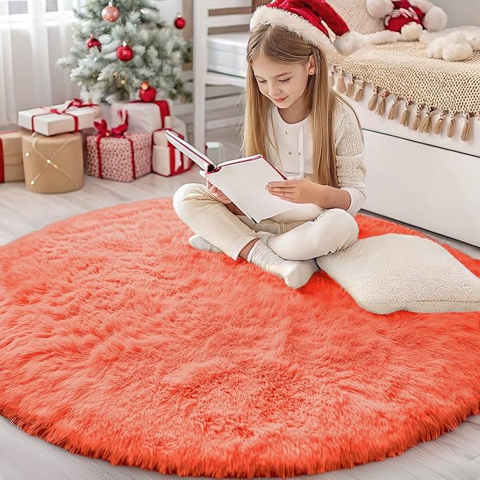 OLANLY Coral Red Round Rugs for Bedroom - Machine Washable, 4 ft Circle Area Rugs for Living Room, Soft and Fluffy Shaggy Carpet for Teen Girl and Boys, Nursery Rooms, Dorms, Home Decor Aesthetic