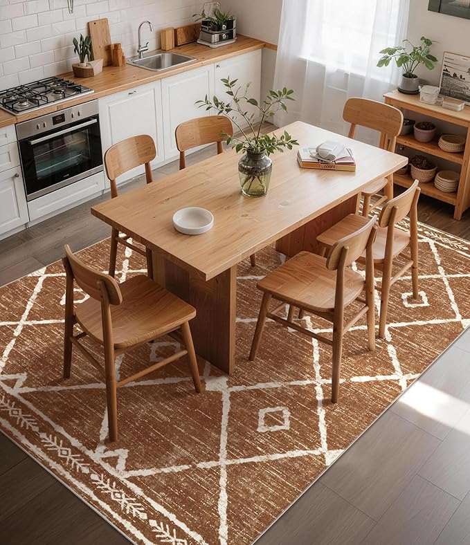 YIHOUSE Western Rugs for Living Room, 6x9 Moroccan Area Rug, Aztec Burnt Orange Large Rug, Southwestern Soft Low-Pile Washable Rugs for Bedroom, Dining Room