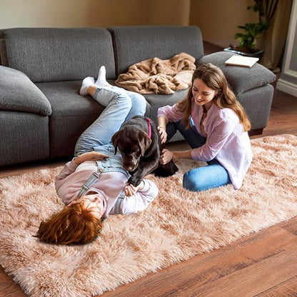 Pionblank Fluffy Runner Rugs for Bedroom 2x6, Modern Shaggy Area Rug for Hallway Living Room, Plush Soft Fuzzy Bedside Carpet for Kids Girls Boys Room Nursery, Tie-Dyed Beige
