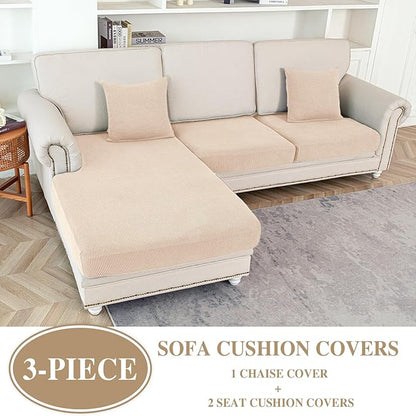 Couch Cushion Covers for Sectional Sofa L Shape Washable Separate Seat Chaise Couch Cover Stretch Sofa Slipcovers with 2 Pcs Pillowcases(2 Seater + 1 Chaise, Natural)