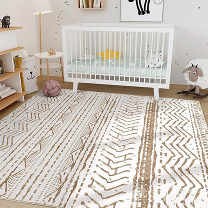 Nakagishi 7x9 Area Rugs Living Room: Washable Boho Large Neutral Soft Farmhouse Rug Stain Resistant Modern Indoor Floor Non-Slip Carpet for Bedroom Nursery Playroom Office Dining Dorm- White Brown