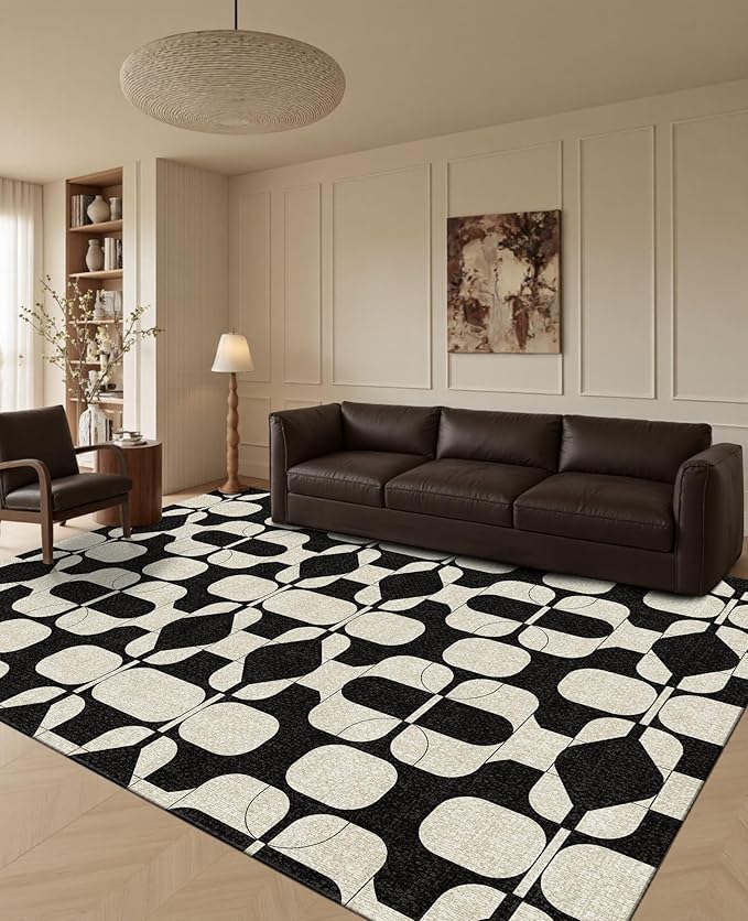 Latte&Fog 6x9 Area Rugs for Living Room Bedroom, Black Vintage Washable Rug, Boho Non Slip Low Pile Carpet for Indoor Dining Room, Dorm, Classroom,College Dorm,Farmhouse and Home Office - Black Beige