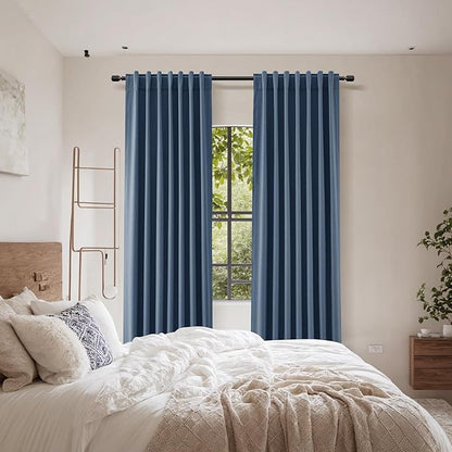 Guken 100% Blackout Curtains 96 Inch Length 2 Panels Set for Living Room Bedroom Back Tab Thermal Insulated Black Out Linen Drapes Room Darkening Window Curtains 96 Inches Long,Denim Blue