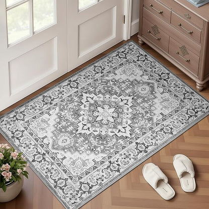 Lofus 2x3 Washable Rug for Entryway Bathroom, Non Slip Kitchen Mats for Floor, Vintage Soft Door Mat Indoor Entrance, Small Area Rugs, Farmhouse Carpet for Entry Living Room Bedroom, Floral Grey