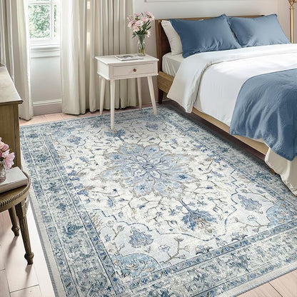 Area Rugs 5'x7' Washable Non-Slip, Floral Vintage Distress Print Pattern Medallion Carpet for Living Room Bedroom Dining Room, Light Blue Navy Beige Gray White