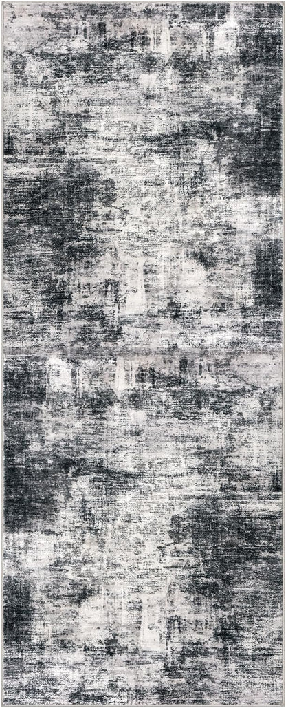 IOHOUZE Abstract Runner Rug 2x5 Ft Washable Runners for Hallways, Non Slip Kitchen Runner Printed Faux Wool Entryway Runner Indoor, Modern Abstract Floor Carpet for Hall Kitchen Bedroom, Black Grey