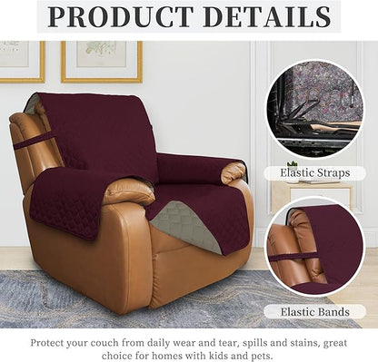 ISSUNTEX Double Protection 100% Waterproof Recliner Covers for Living Room, Reversible Furniture Protector Recliner Couch Sofa Slipcover for Dogs, Pets, Kids (Oversized Recliner, Wine/Beige)