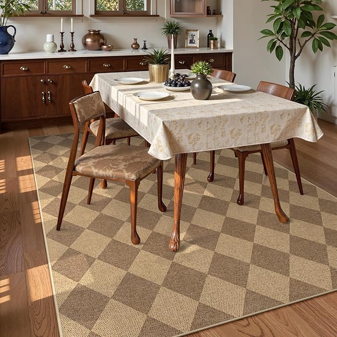 Lahome Colette Checkered Easy Jute Rug 8x10, Washable Rugs for Living Room Dining Room Farmhouse Indoor Outdoor Mat, Neutral Checkerboard Non Slip Black Carpet for Office Backyard Patio