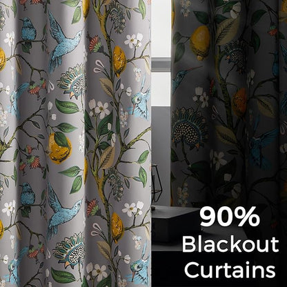 Topfinel 90 Inches Long Curtains, Gray and Yellow Moody Country Anthropologie Cabin Blackout Sun Block Floral Hummingbird Plant Lemon Patterned Grommet Damask Drapes Two Pages for Living Room Office