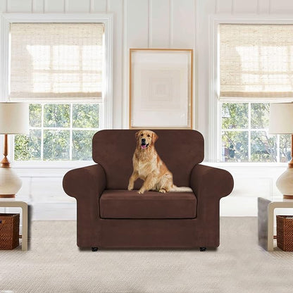 WEERRW Velvet Stretch Chair Sofa Slipcover - 2 Pieces Luxury Soft Velvet Plush Couch Cover Furniture Protector with Elastic Bottom for Pets, Machine Washable, Chocolate, Small