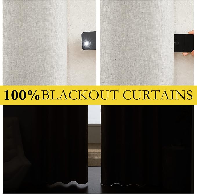 NICETOWN 100% Absolutely Blackout Linen Curtains with Thermal Insulated White Liner, Ivory, W62, 2 Pieces, Noise Reducing Textured Linen Look Curtains for Windows 90 inch Length for Classroom
