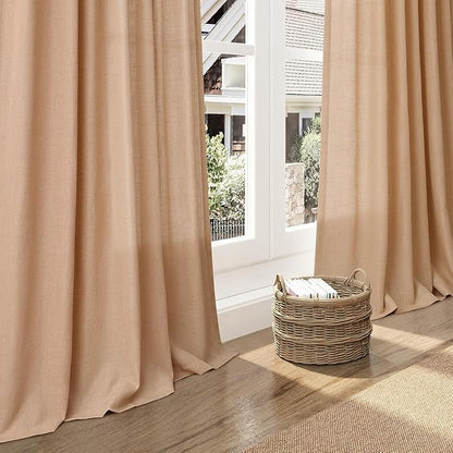 Nanspring Camel Linen Curtains for Living Room Extra Long 132 Inches Long Back Tab Light Filtering Semi Sheer Curtain Vintage Rustic Decor Floor to Ceiling High Window for Bedroom 52x132, 2 Panels