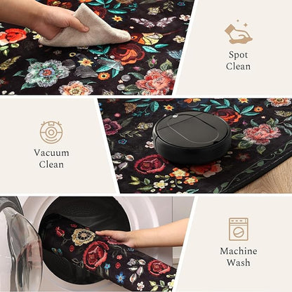 Rugflix 5x7 Washable Area Rug for Living Room, Soft Non Slip Low Pile Carpet, Floral Vintage Stain Resistant Rugs for Bedroom, Dining Room, Home Office, Black