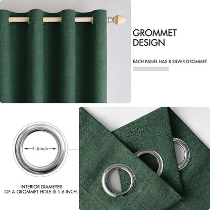 MIULEE Linen Curtains for Bedroom 100% Blackout Thermal Insulated Emerald Green Grommet Room Darkening Curtains & Drapes Christmas Decor for Living Room Nursery 52 x 90 Inch (2 Panels)