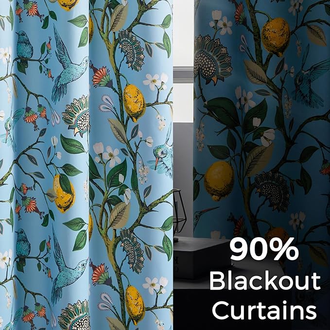 Topfinel Blue and White Patterned Aesthetic Pretty Curtains 84 Inches Long 2 Panels,Grommet Botanical Light Blue Floral Hummingbird Window Treatment for Living Dining Room Bedroom Playroom