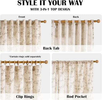 Lazzzy 90 Inch Curtain for Living Room Taupe Floral Drapes Linen for Bedroom Dining Room Farmhouse Vintage Light Filtering Curtains Rod Pocket Back Tab, 2 Panels Set, Taupe on Beige