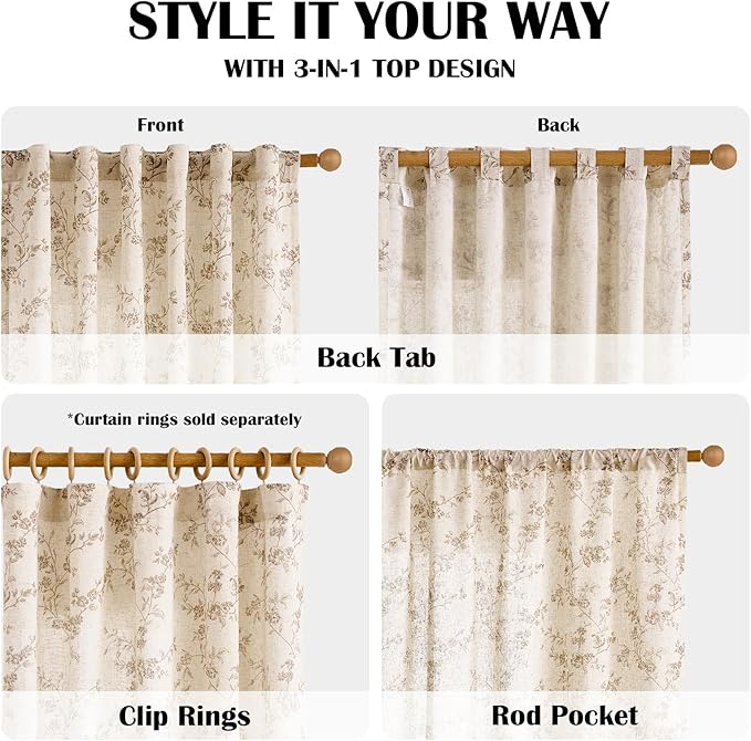 Lazzzy Taupe Floral Linen Curtains 84 Inch Farmhouse Curtain Back Tab Drapes for Living Room Bedroom Light Filtering Vintage Rod Pocket Curtains for Home, 2 Panels, Taupe on Beige